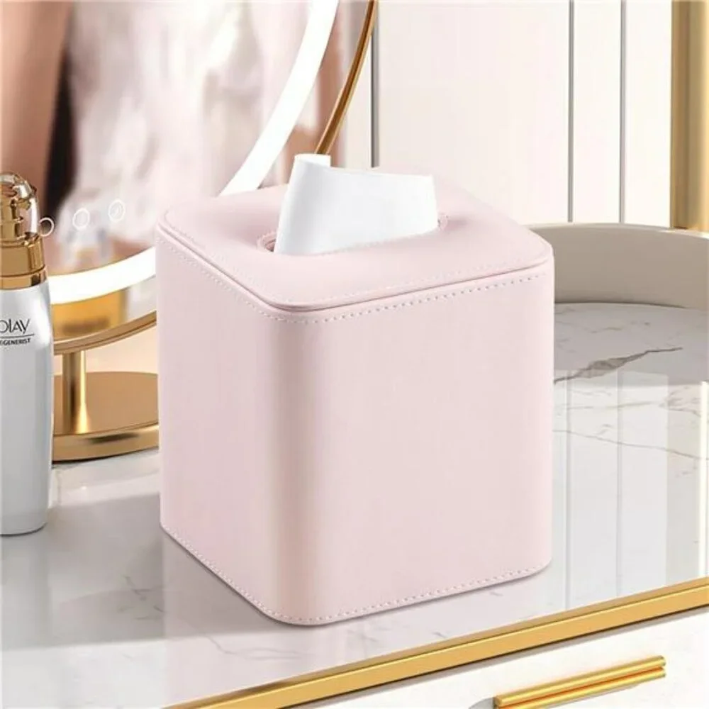 Pink PU leather tissue box cover square tissue holder bathroom bedroom office